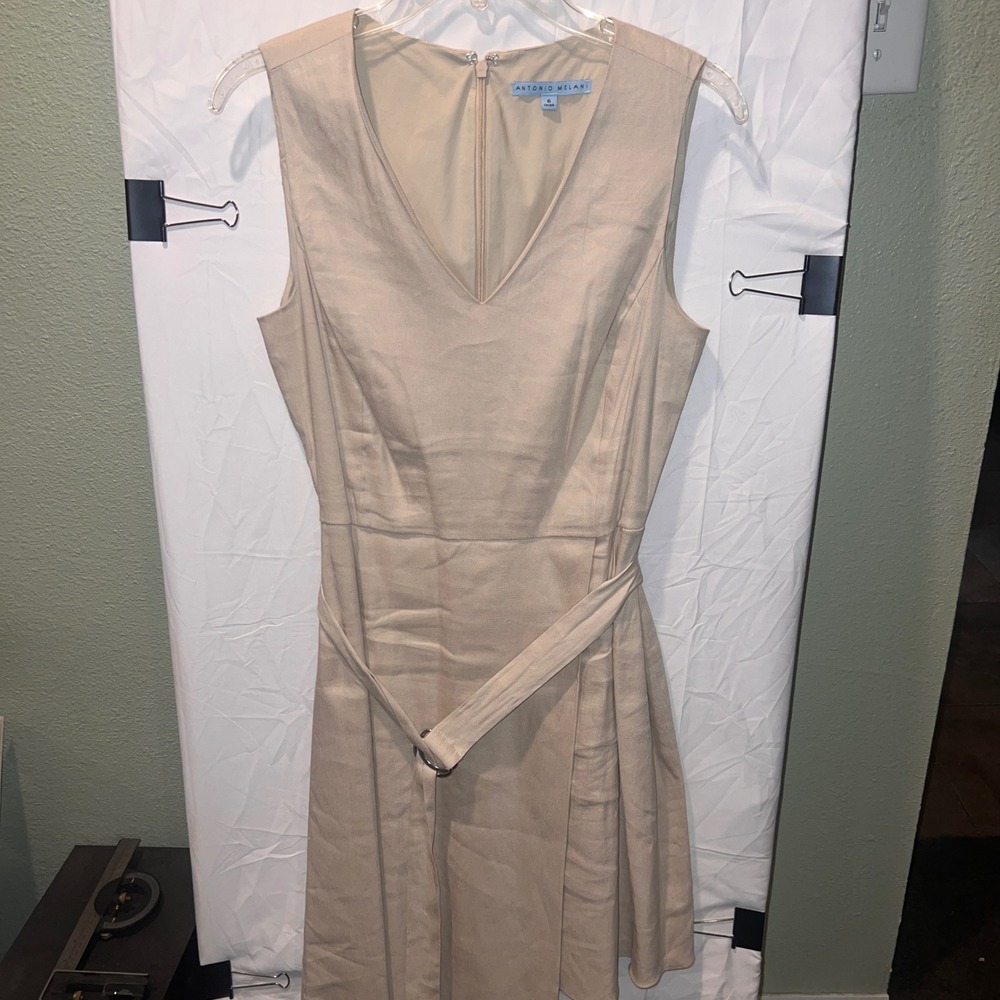 Antonio Melani Tan Beige Linen Blend Faux Wrap Belted V-Neck Dress Size 6